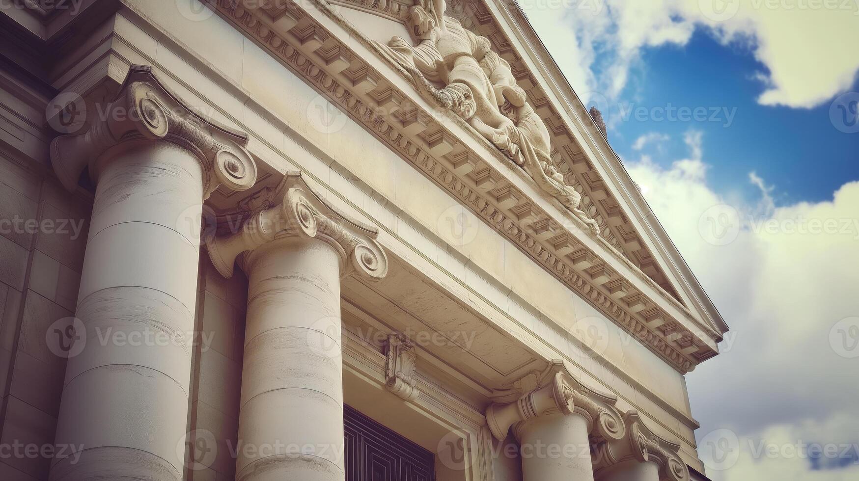 ai généré une symbole de prospérité, blanc pierre banque bâtiment avec Colonnes contre le ciel, génératif ai photo