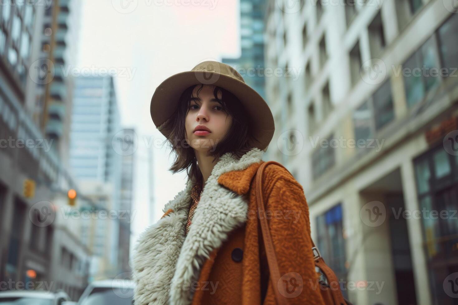 ai généré une élégant femme dans une chapeau et manteau balades en toute confiance vers le bas une animé ville rue, mélange dans avec le Urbain paysage. photo