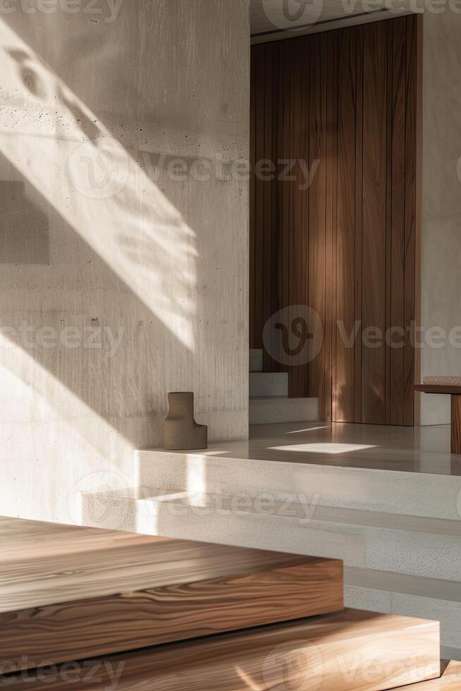 ai généré minimaliste intérieur conception, béton texture avec Naturel bois accents, dans moderne élégance photo
