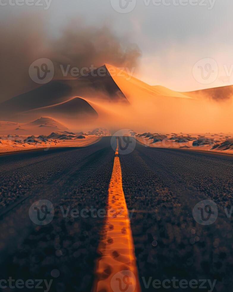 ai généré route dans le désert, Jaune circulation ligne photo