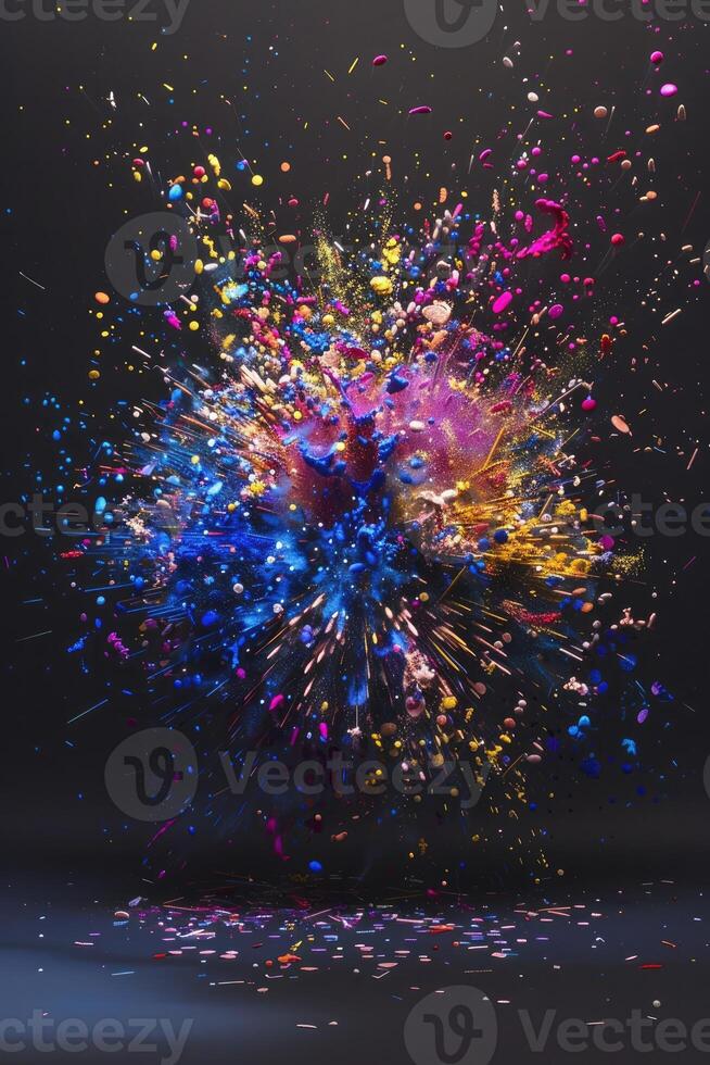 ai généré vibrant explosion de coloré particules Contexte photo