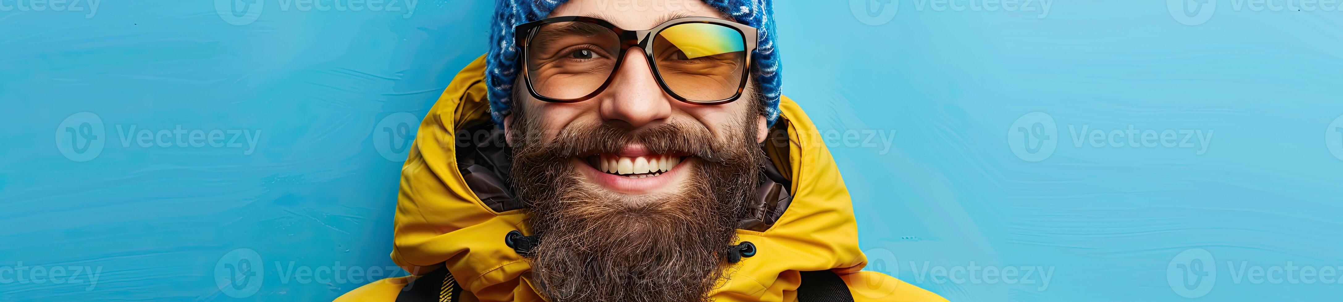 ai généré souriant homme avec une barbe dans ski équipement sur une bleu Contexte photo