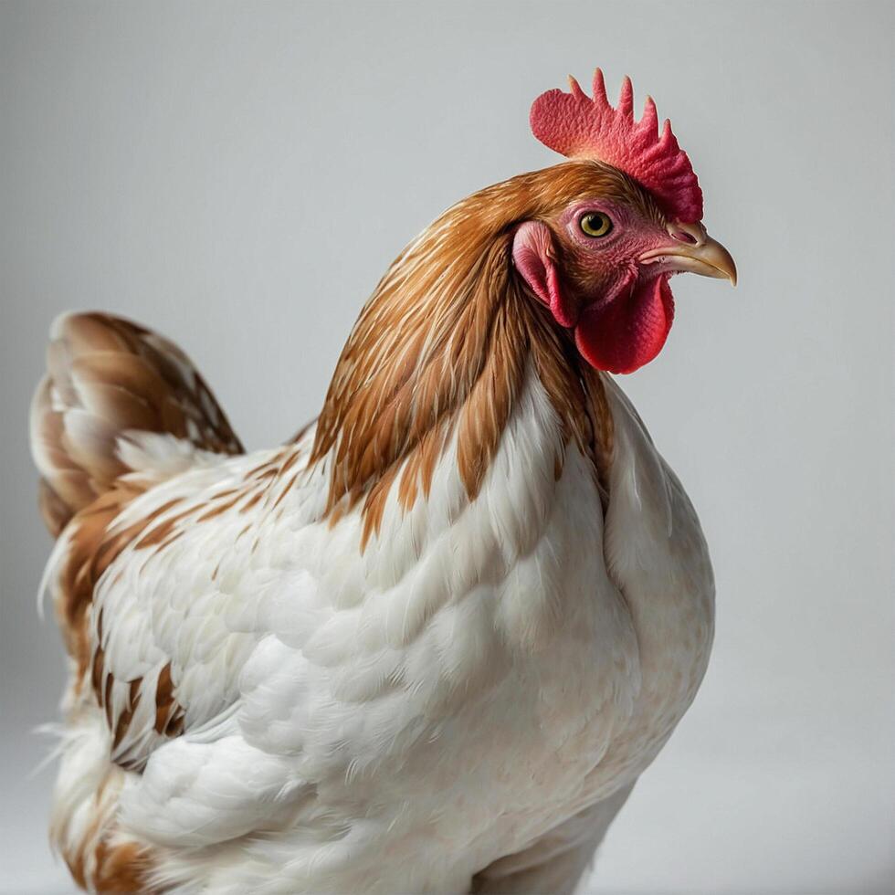 une proche en haut de une coq avec une blanc et marron tête photo