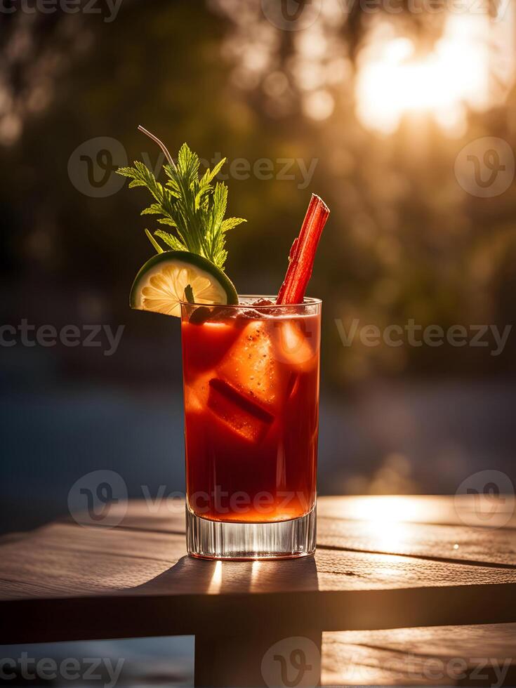 ai généré Vodka et tomate jus cocktail dans une verre en plein air photo