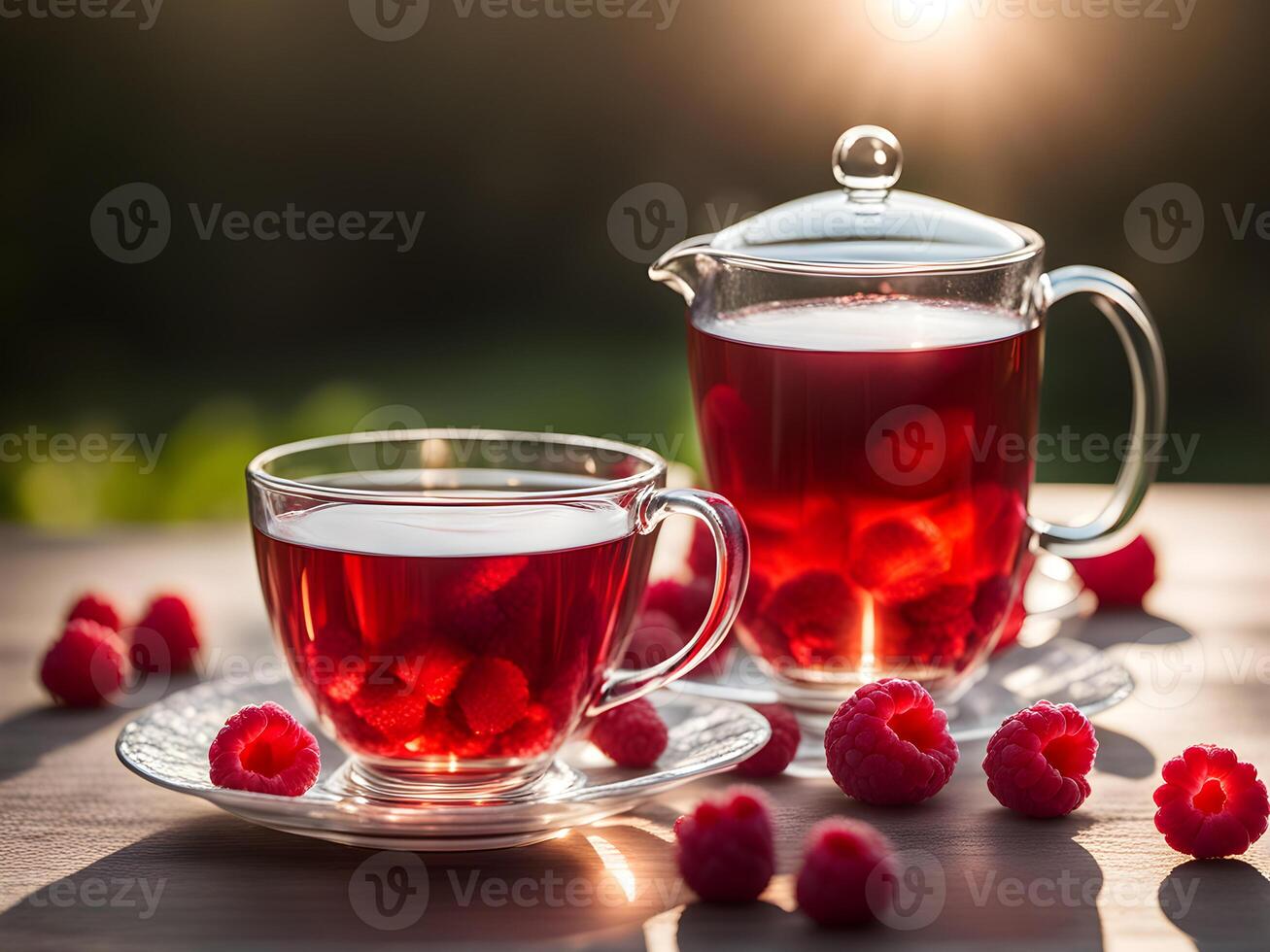 ai généré thé avec framboises dans une transparent tasse sur une été ensoleillé Contexte photo