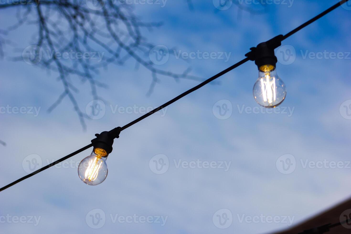 atmosphérique lumière ampoules sur le rue, imperméable corde, Extérieur câblage photo