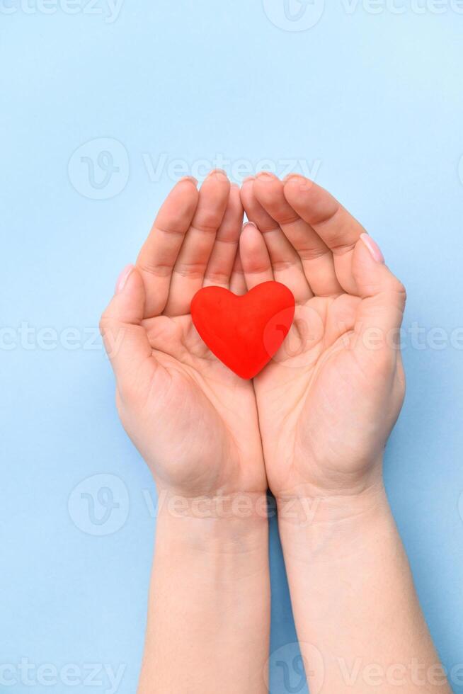 cœur dans mains sur une bleu Contexte. le concept de la Saint-Valentin journée et aux femmes journée. Haut voir, endroit pour texte. une la vie photo