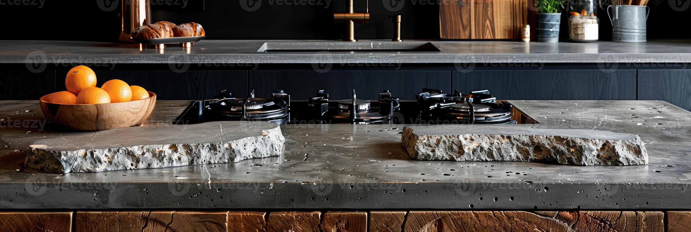 ai généré cuisine paillasse détail. béton paillasse et Charpente tiroirs photo