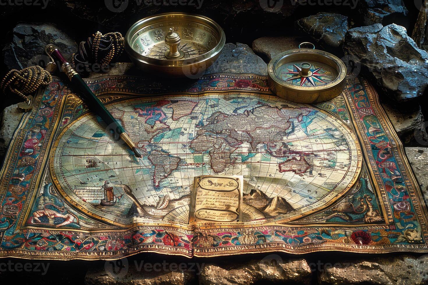 ai généré une carte de monde est mis sur une table avec une laiton boussole et une penne professionnel la photographie photo