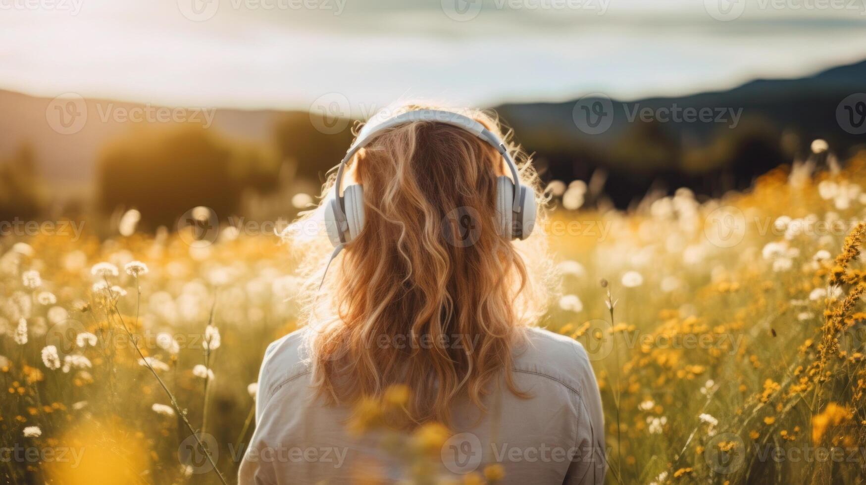 ai généré la musique thérapie, harmonie, mental santé concept. jolie Jeune femme profiter la musique avec écouteurs en plein air. femme portant écouteurs profiter la musique et bien ambiance photo