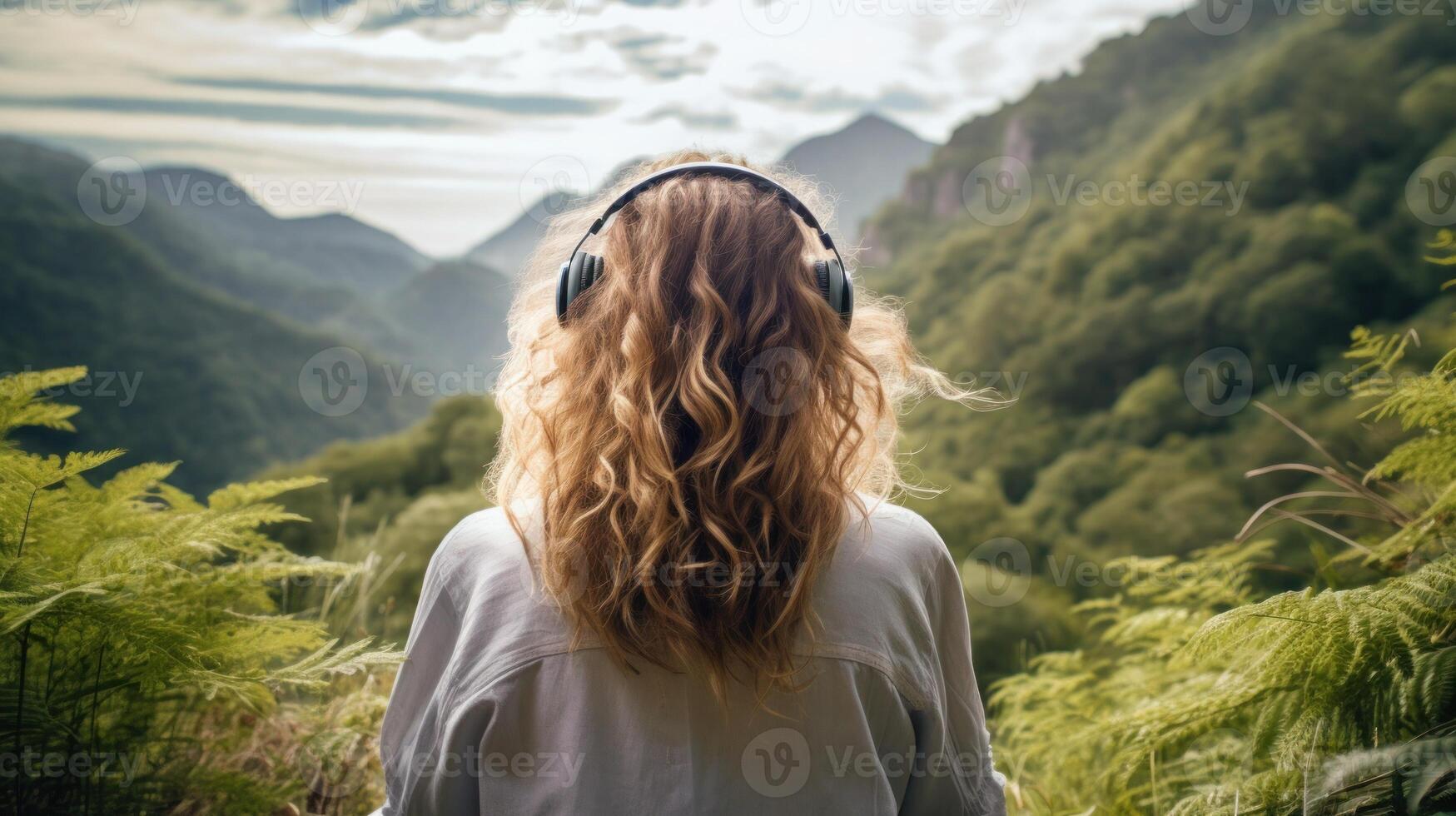 ai généré la musique thérapie, harmonie, mental santé concept. jolie Jeune femme profiter la musique avec écouteurs en plein air. femme portant écouteurs profiter la musique et bien ambiance photo