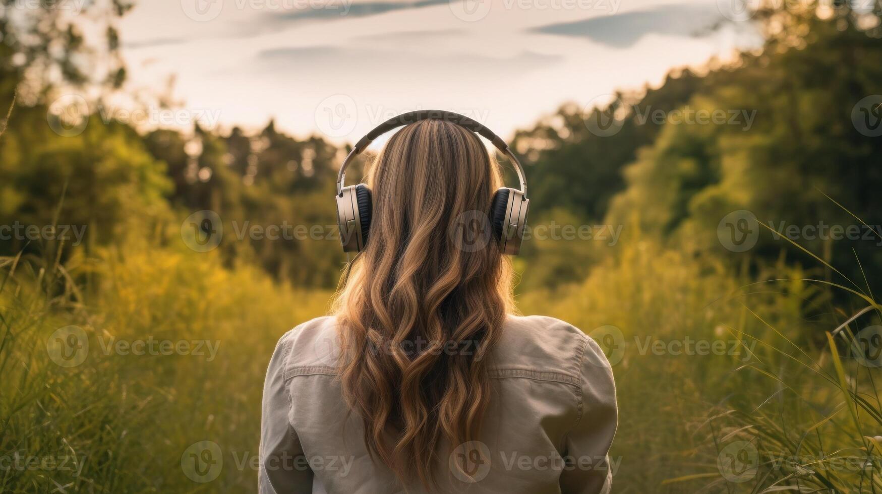 ai généré la musique thérapie, harmonie, mental santé concept. jolie Jeune femme profiter la musique avec écouteurs en plein air. femme portant écouteurs profiter la musique et bien ambiance photo