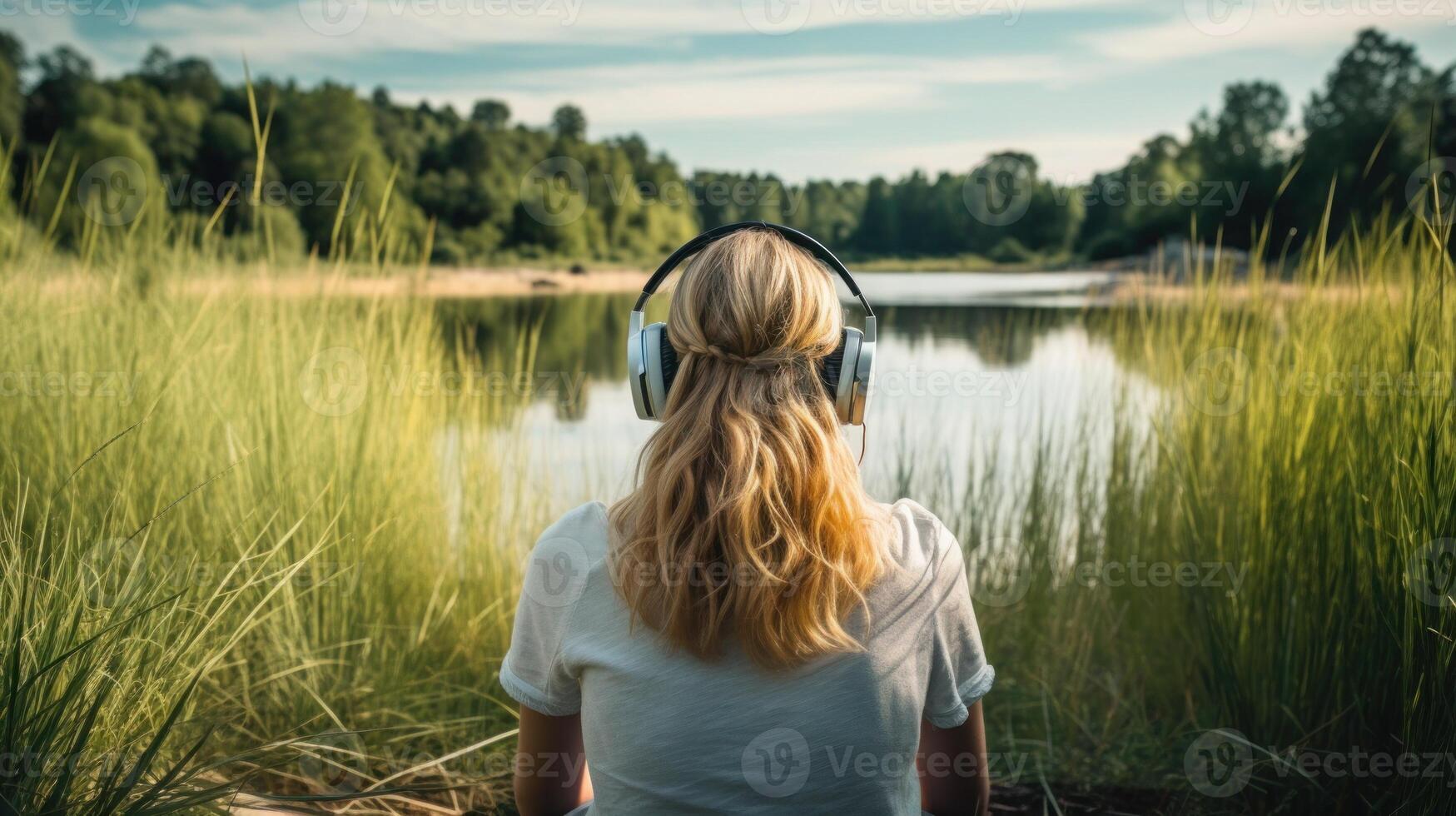 ai généré la musique thérapie, harmonie, mental santé concept. jolie Jeune femme profiter la musique avec écouteurs en plein air. femme portant écouteurs profiter la musique et bien ambiance photo