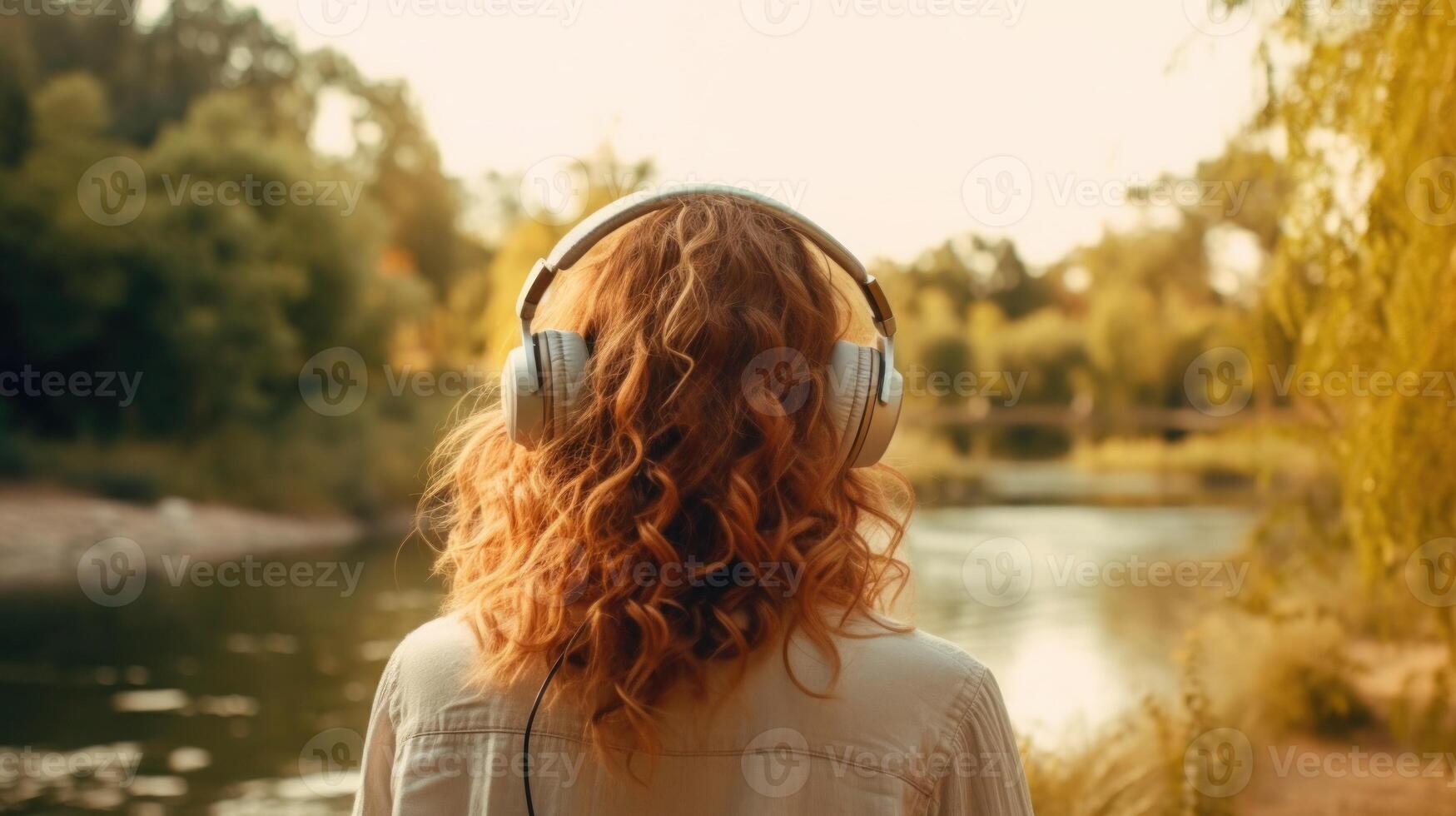 ai généré la musique thérapie, harmonie, mental santé concept. jolie Jeune femme profiter la musique avec écouteurs en plein air. femme portant écouteurs profiter la musique et bien ambiance photo