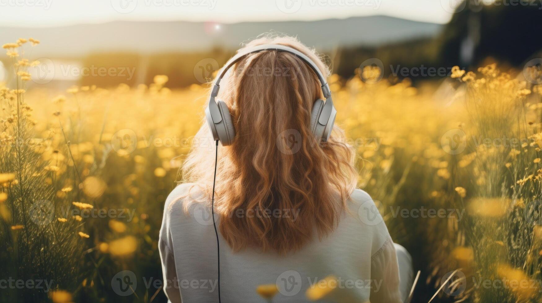 ai généré la musique thérapie, harmonie, mental santé concept. jolie Jeune femme profiter la musique avec écouteurs en plein air. femme portant écouteurs profiter la musique et bien ambiance photo