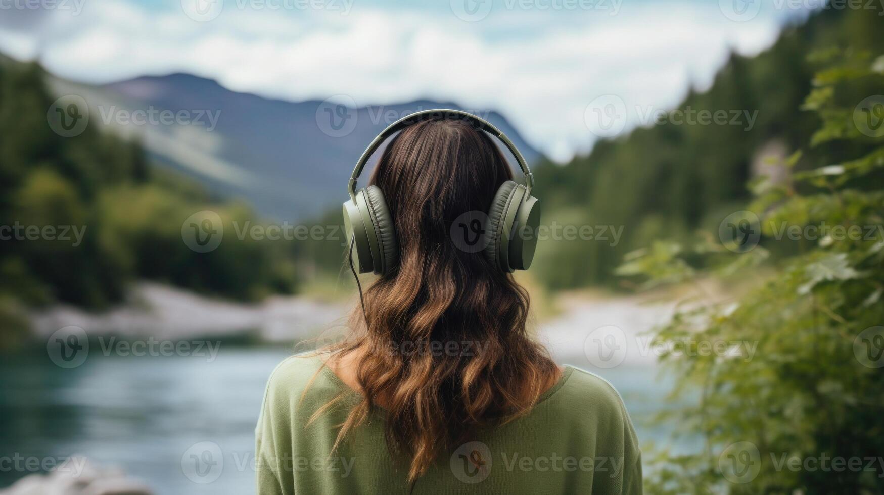 ai généré la musique thérapie, harmonie, mental santé concept. jolie Jeune femme profiter la musique avec écouteurs en plein air. femme portant écouteurs profiter la musique et bien ambiance photo