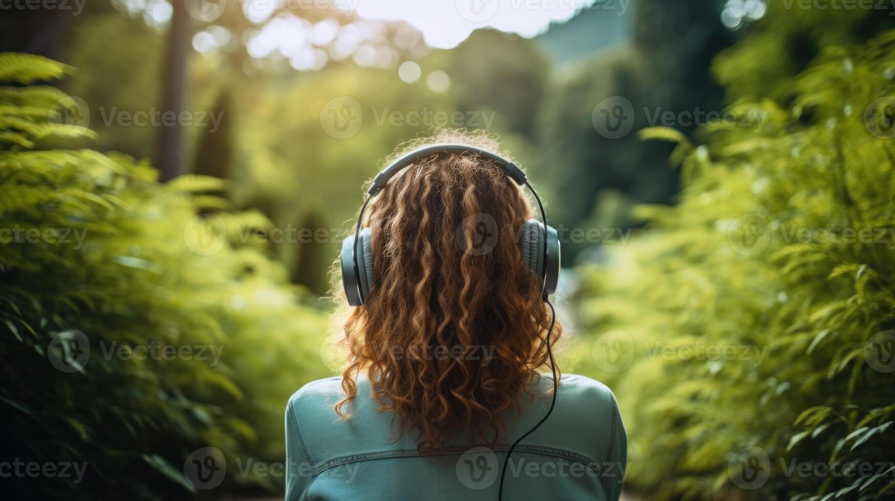 ai généré la musique thérapie, harmonie, mental santé concept. jolie Jeune femme profiter la musique avec écouteurs en plein air. femme portant écouteurs profiter la musique et bien ambiance photo