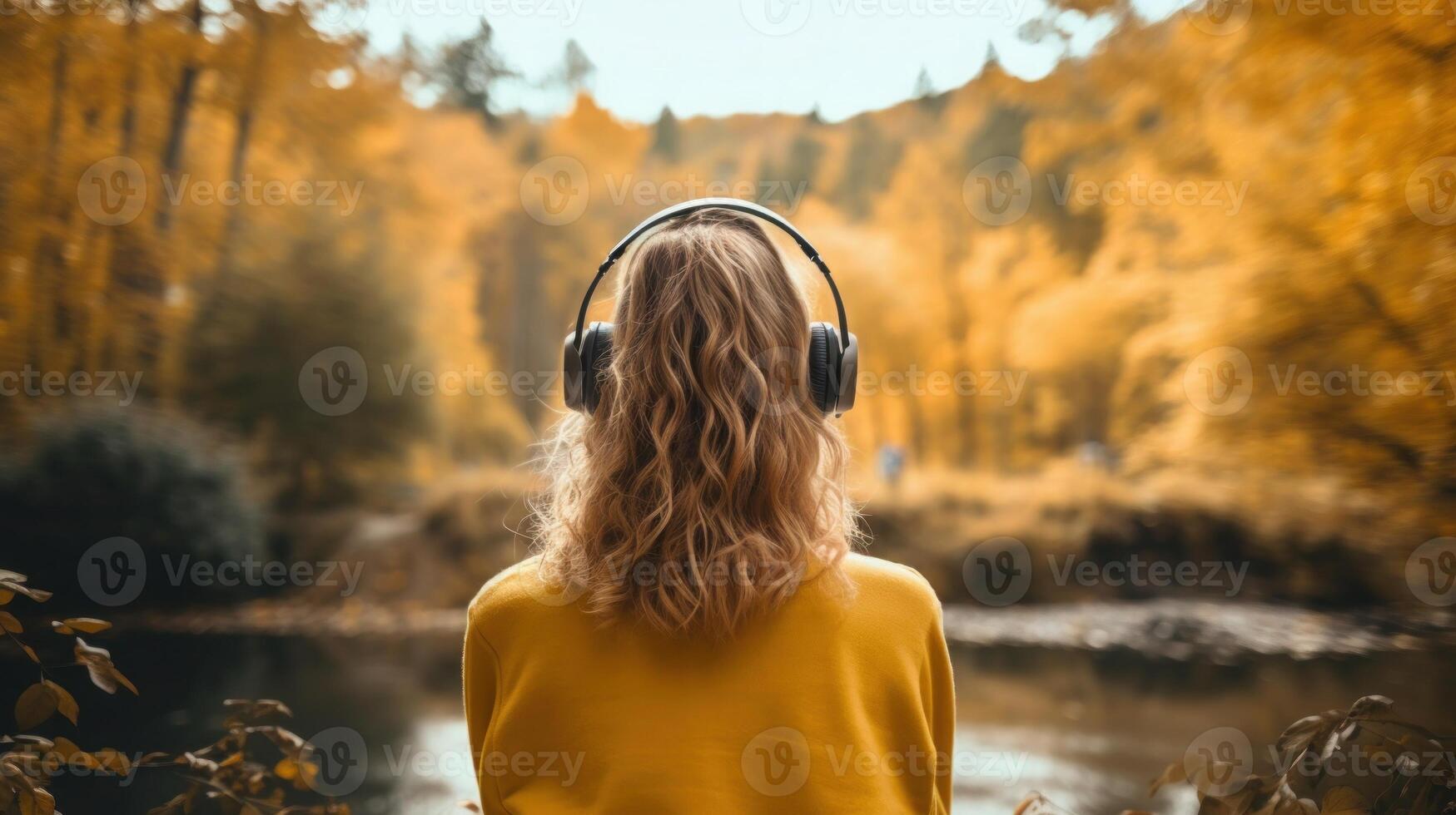 ai généré la musique thérapie, harmonie, mental santé concept. jolie Jeune femme profiter la musique avec écouteurs en plein air. femme portant écouteurs profiter la musique et bien ambiance photo