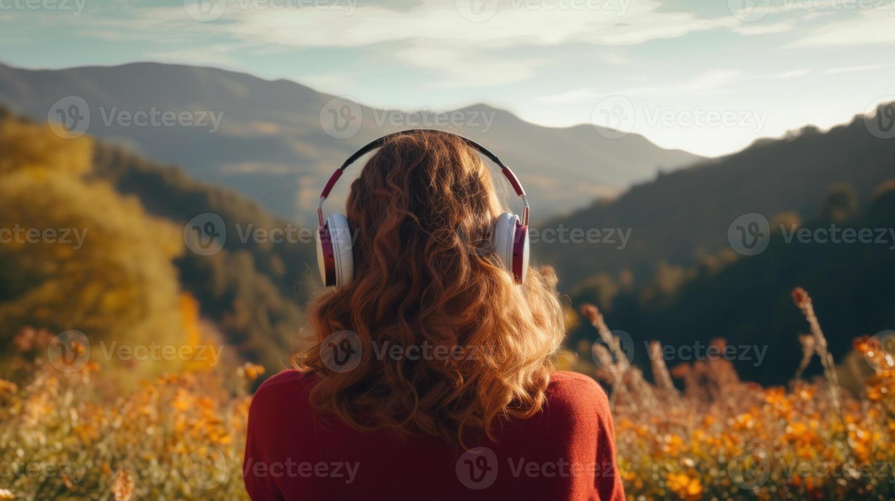 ai généré la musique thérapie, harmonie, mental santé concept. jolie Jeune femme profiter la musique avec écouteurs en plein air. femme portant écouteurs profiter la musique et bien ambiance photo