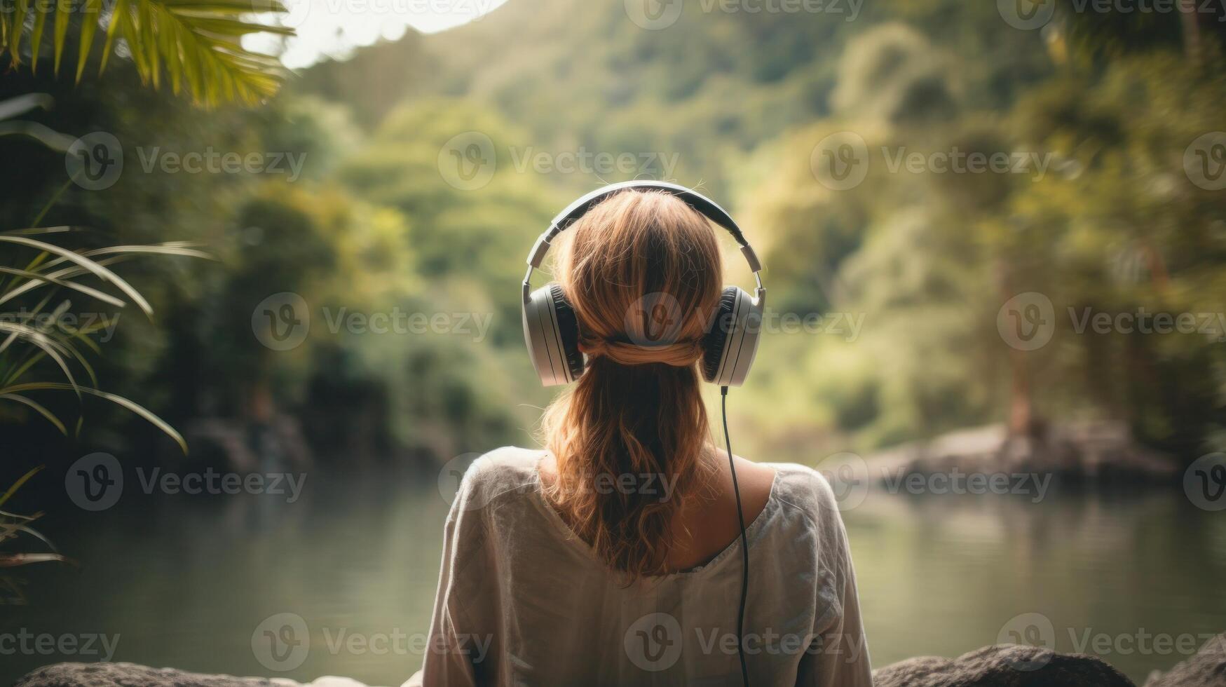 ai généré la musique thérapie, harmonie, mental santé concept. jolie Jeune femme profiter la musique avec écouteurs en plein air. femme portant écouteurs profiter la musique et bien ambiance photo