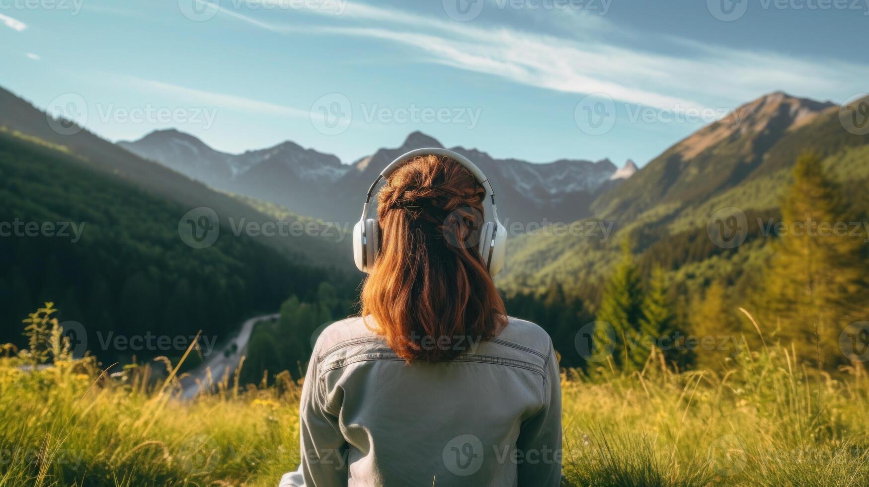 ai généré la musique thérapie, harmonie, mental santé concept. jolie Jeune femme profiter la musique avec écouteurs en plein air. femme portant écouteurs profiter la musique et bien ambiance photo