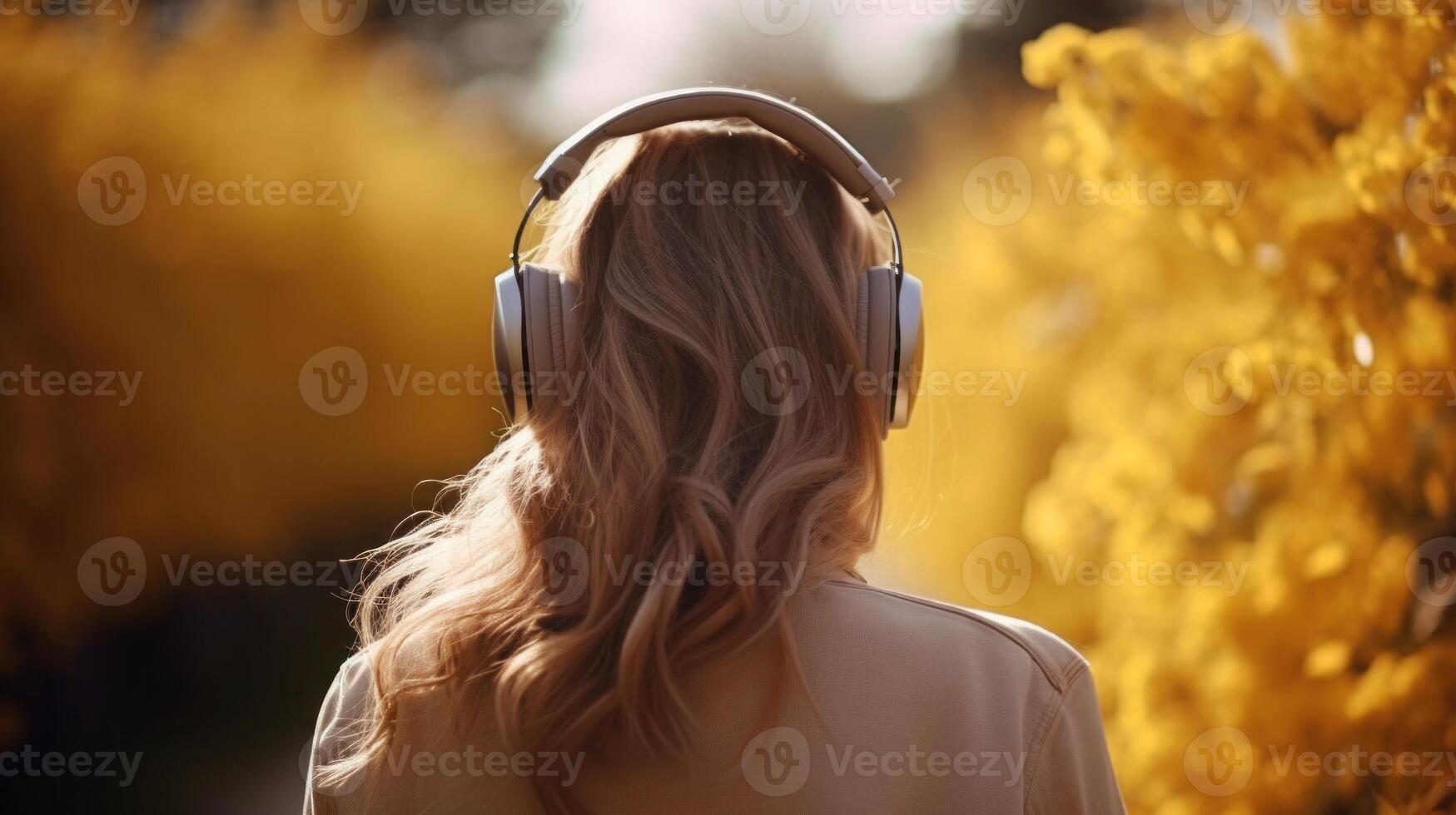 ai généré la musique thérapie, harmonie, mental santé concept. jolie Jeune femme profiter la musique avec écouteurs en plein air. femme portant écouteurs profiter la musique et bien ambiance photo