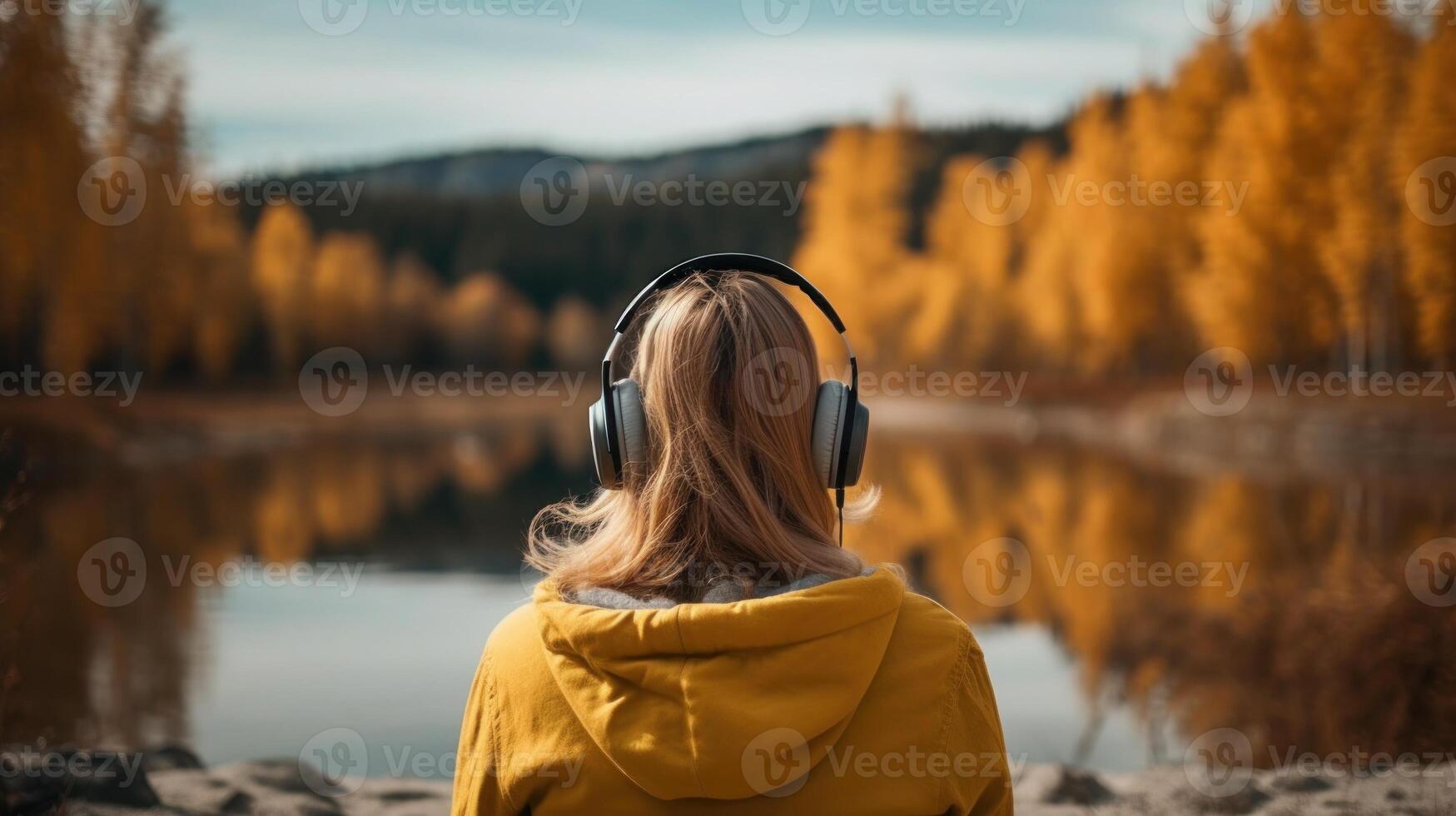 ai généré la musique thérapie, harmonie, mental santé concept. jolie Jeune femme profiter la musique avec écouteurs en plein air. femme portant écouteurs profiter la musique et bien ambiance photo