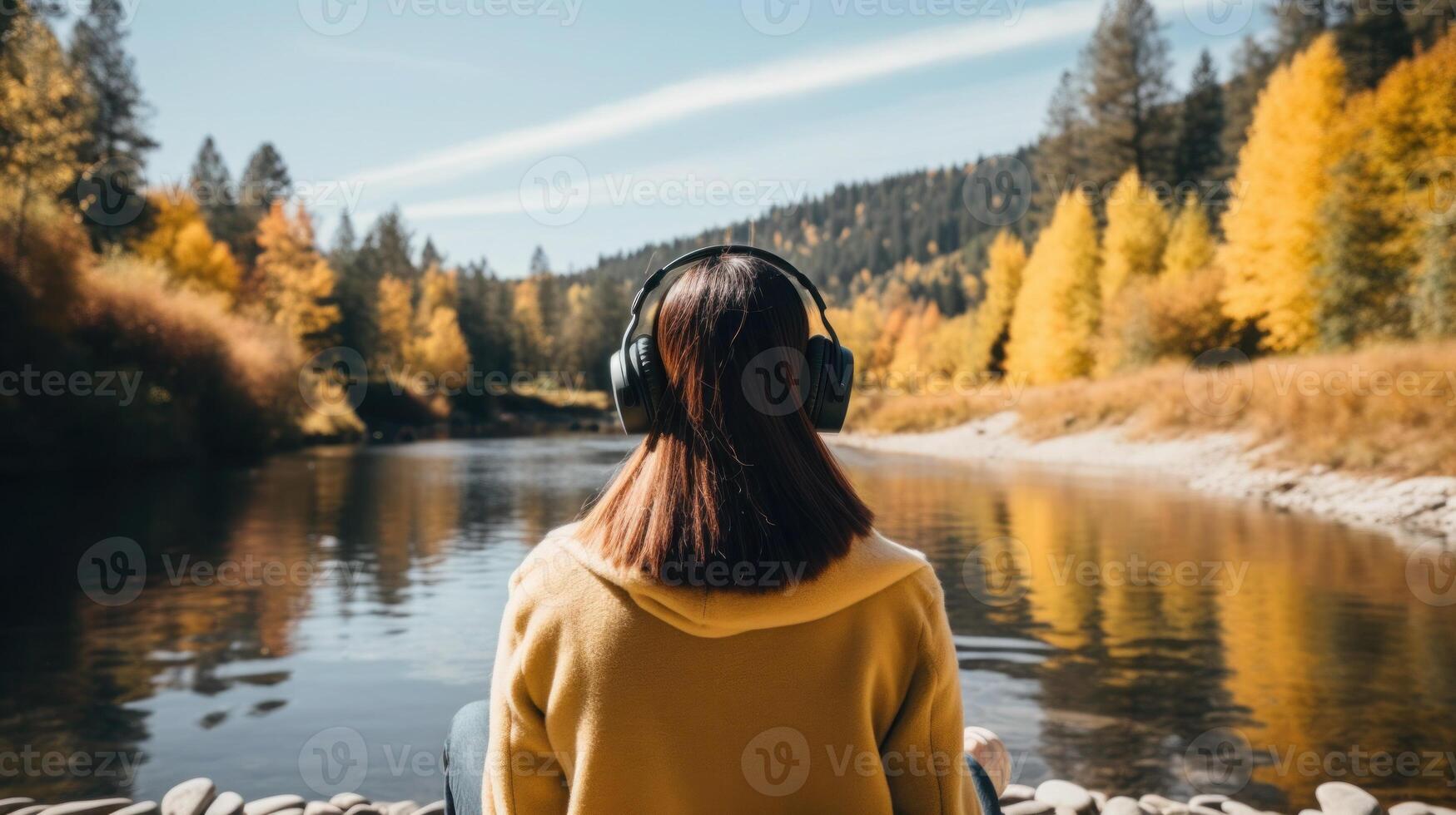 ai généré la musique thérapie, harmonie, mental santé concept. jolie Jeune femme profiter la musique avec écouteurs en plein air. femme portant écouteurs profiter la musique et bien ambiance photo