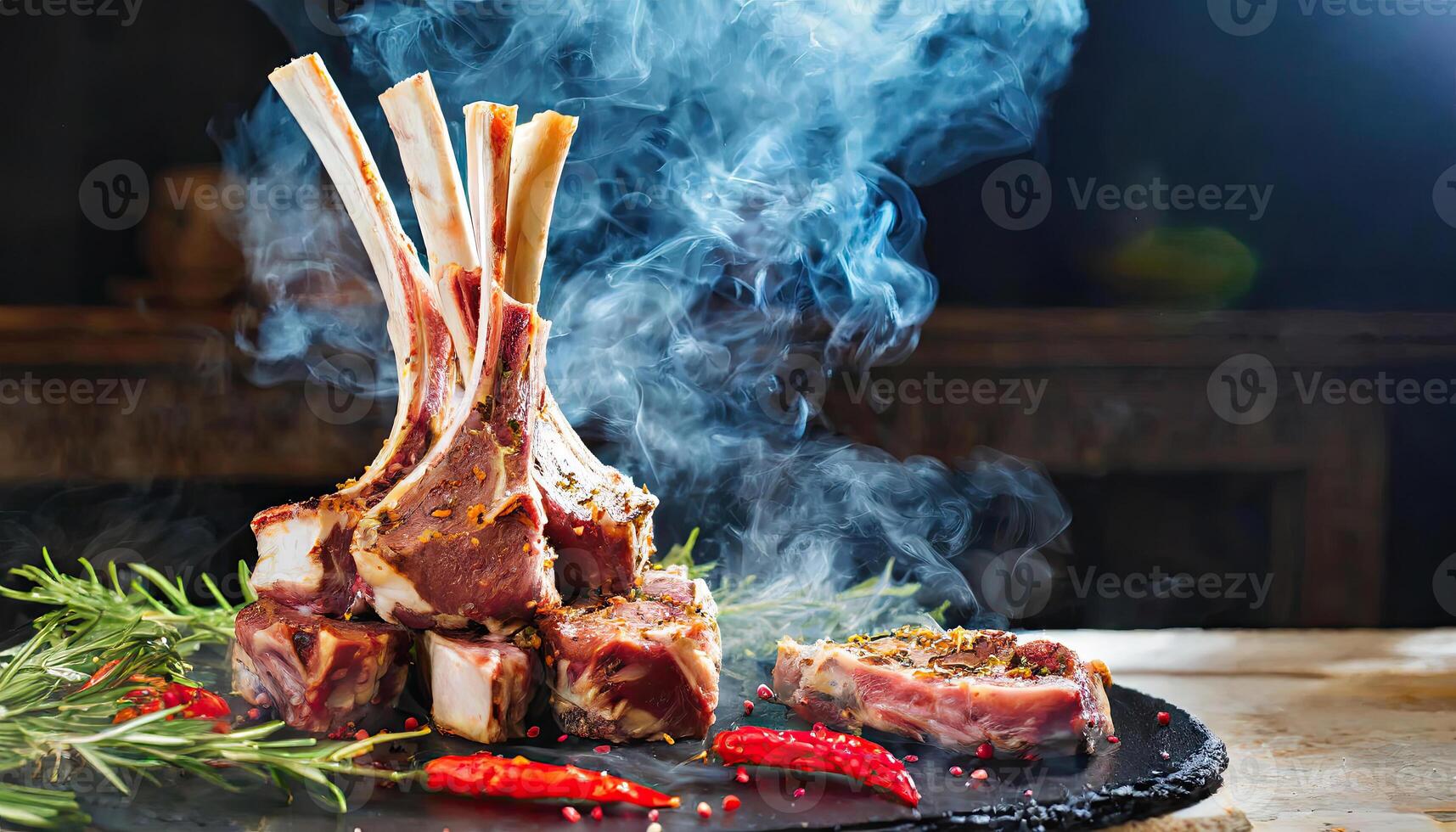 ai généré Frais cuisine de agneau Viande avec fumée et flamme fermer barbecue concept Viande Frais brut Couper généré ai photo