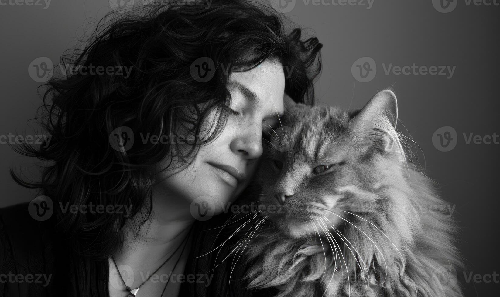 ai généré fermer portrait de une magnifique Jeune femme avec longue frisé cheveux et duveteux chat. monochrome image. photo