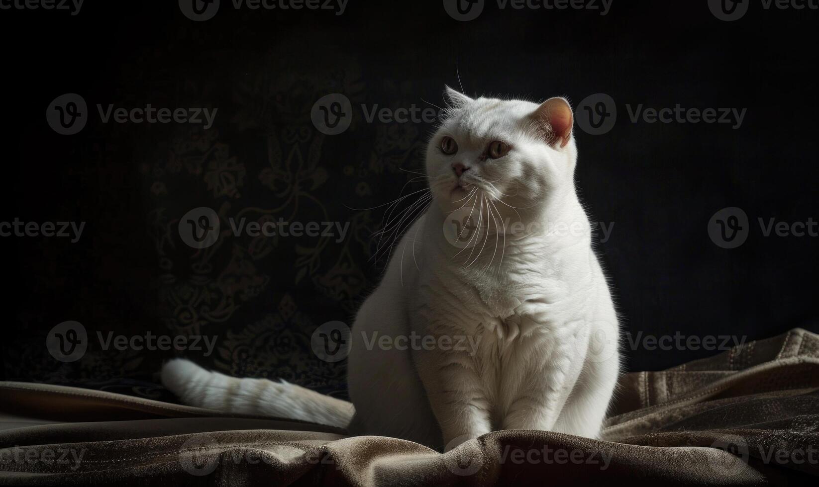 ai généré magnifique blanc chat sur une foncé Contexte. mignonne graisse chat photo