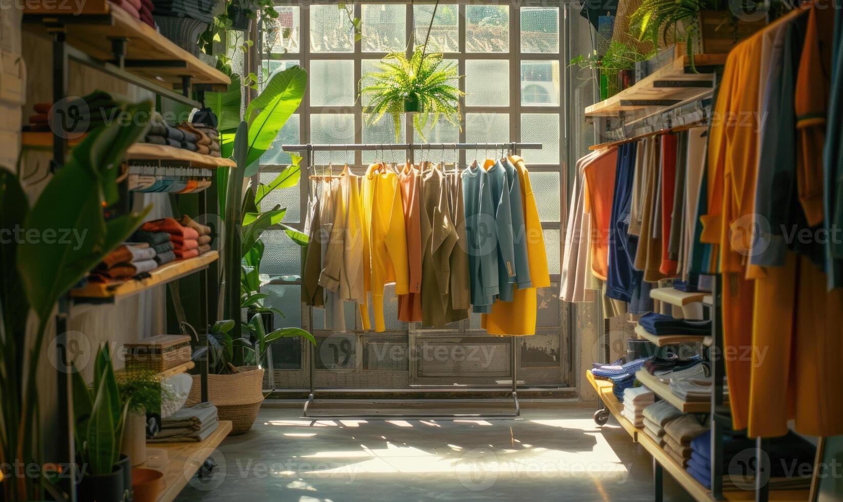 ai généré à la mode vêtements pendaison dans une magasin avec fleurs et les plantes. photo