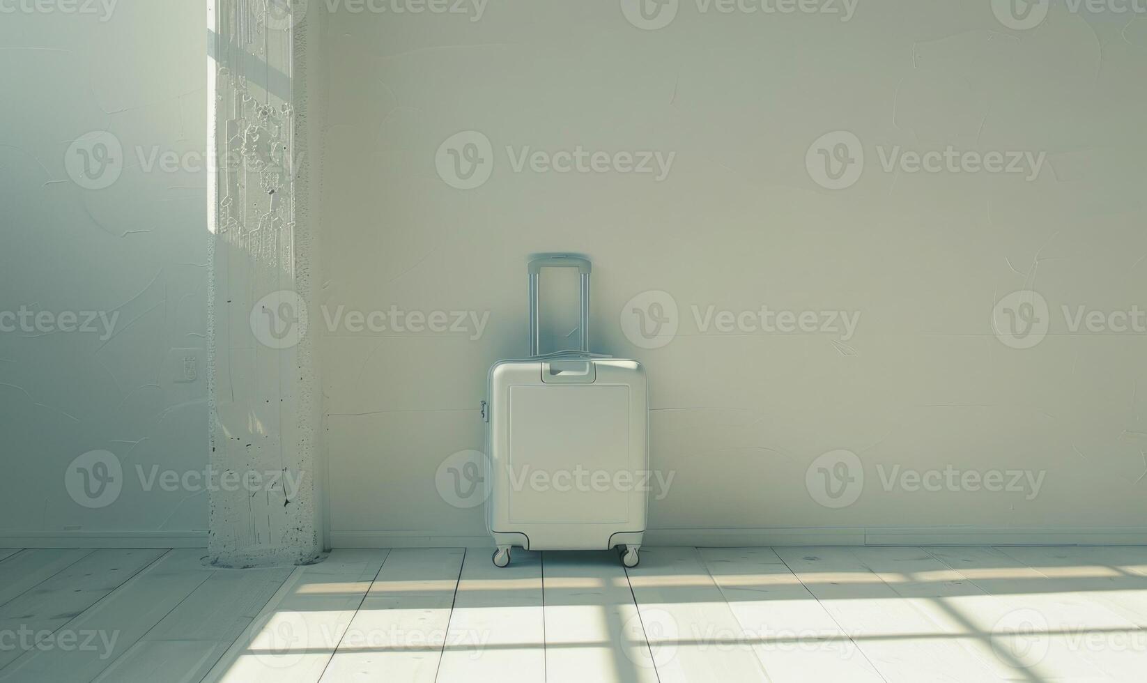 ai généré Voyage valise sur roues dans de face de une blanc mur avec ombre. photo