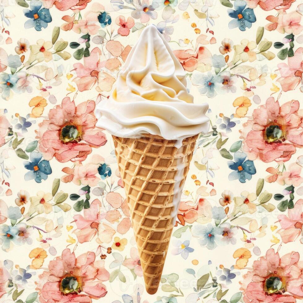 ai généré vanille la glace crème cône sur une aquarelle floral modèle Contexte photo