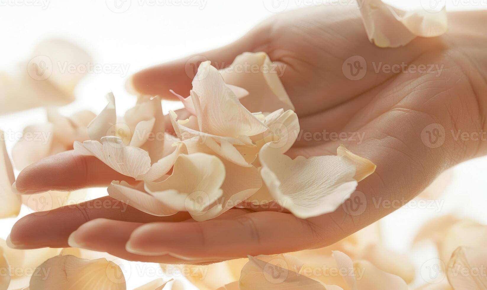 ai généré fermer de une femme main avec une neutre manucure, orné avec délicat fleur pétales. photo