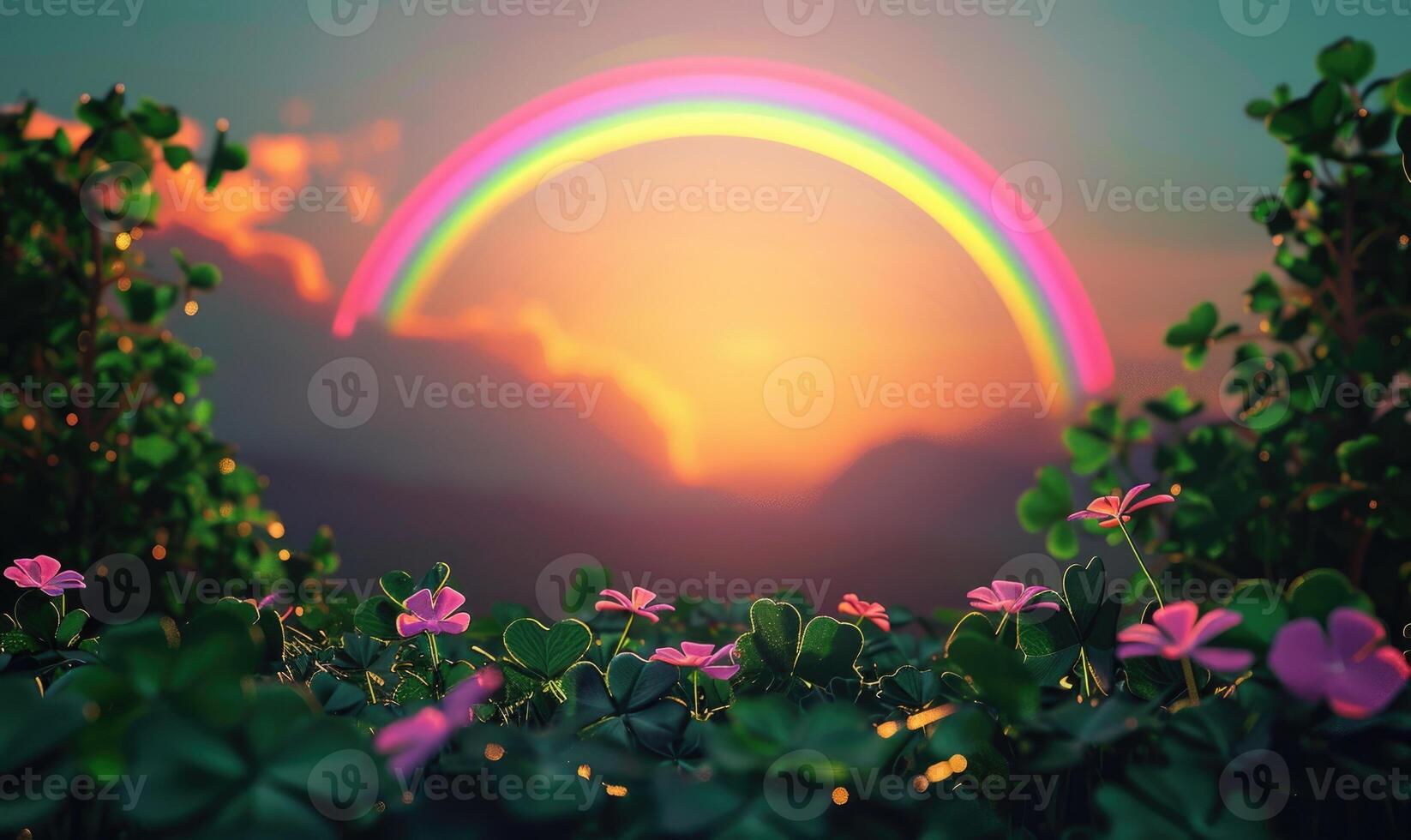 ai généré trèfle feuilles et arc en ciel sur le Contexte de le montagnes à le coucher du soleil photo