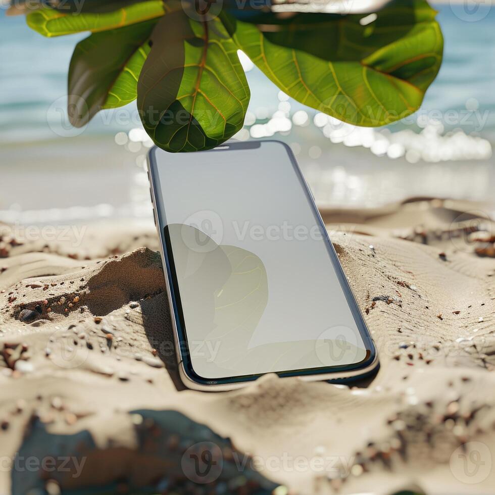 ai généré téléphone intelligent maquette avec une Vide écran sur une tranquille plage arrière-plan, Voyage et tourisme photo