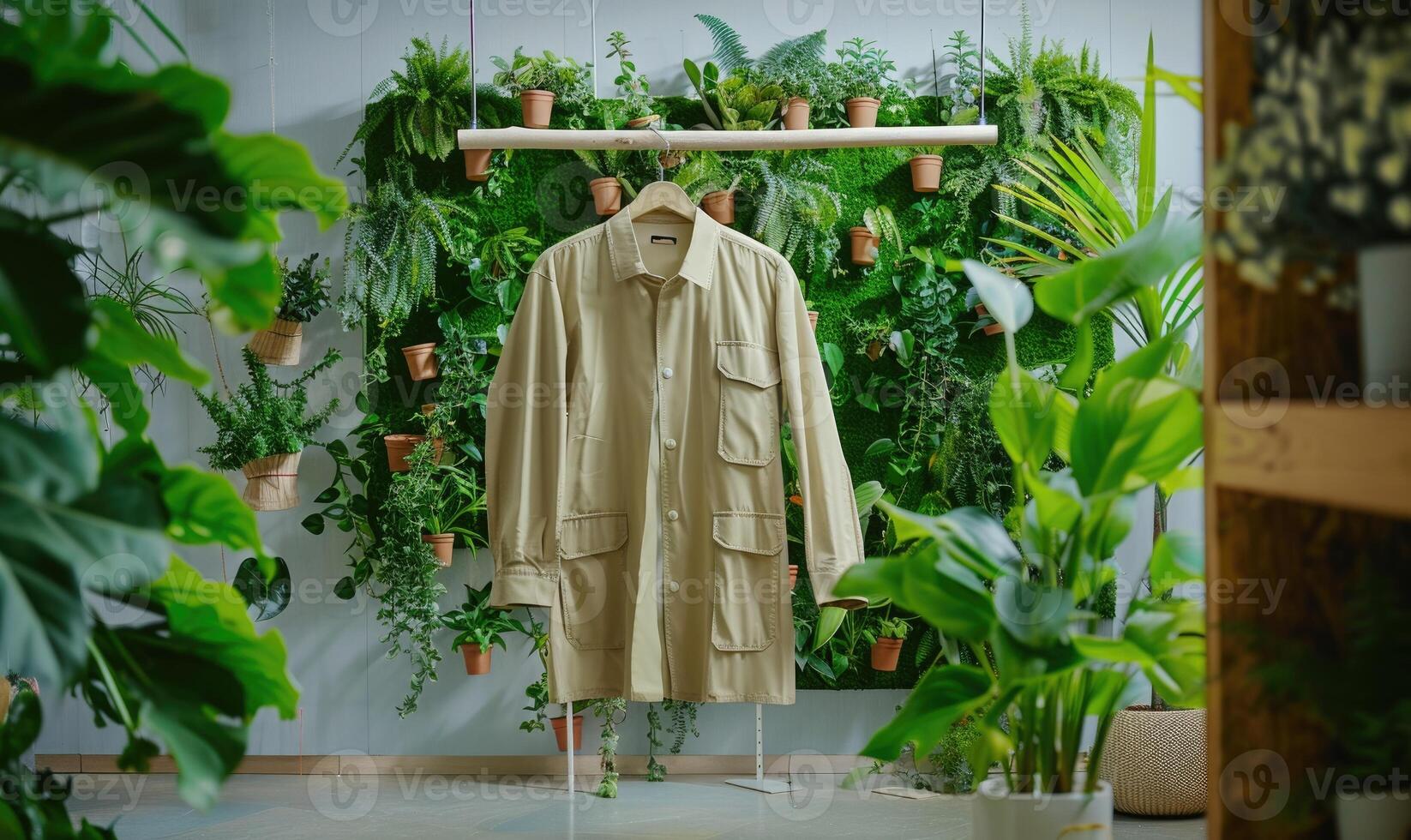 ai généré fleur magasin intérieur avec vêtements pendaison sur le mur, Stock photo