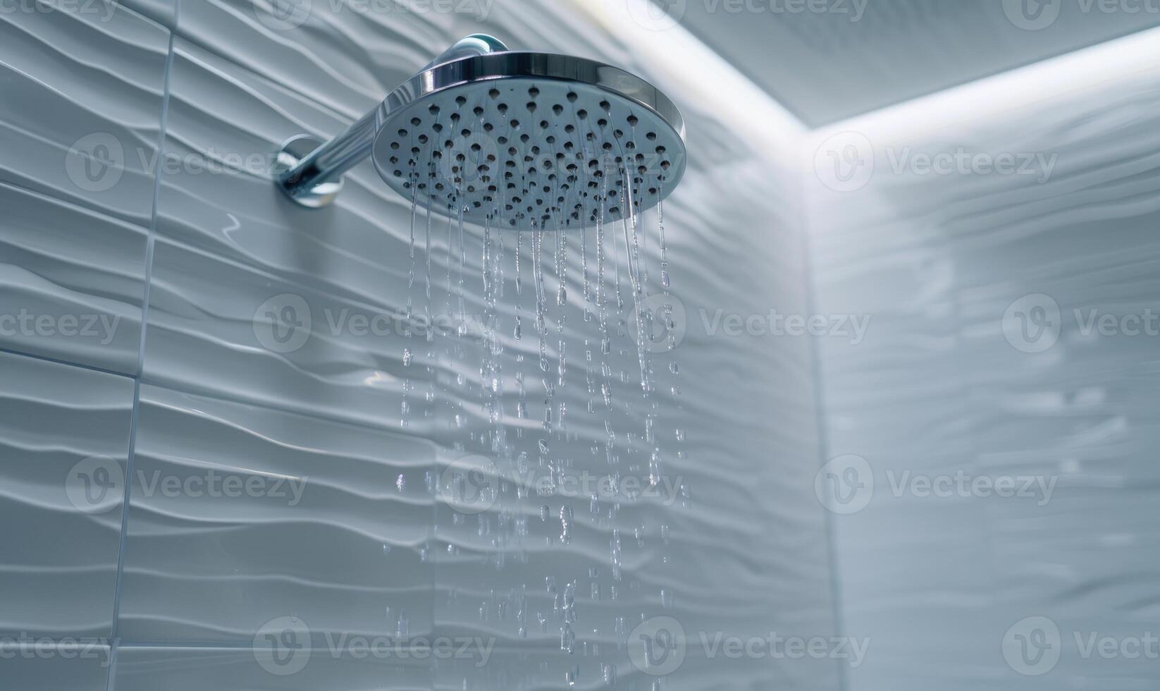 ai généré douche tête avec l'eau gouttes dans le salle de bains. douche tête avec fonctionnement l'eau. photo