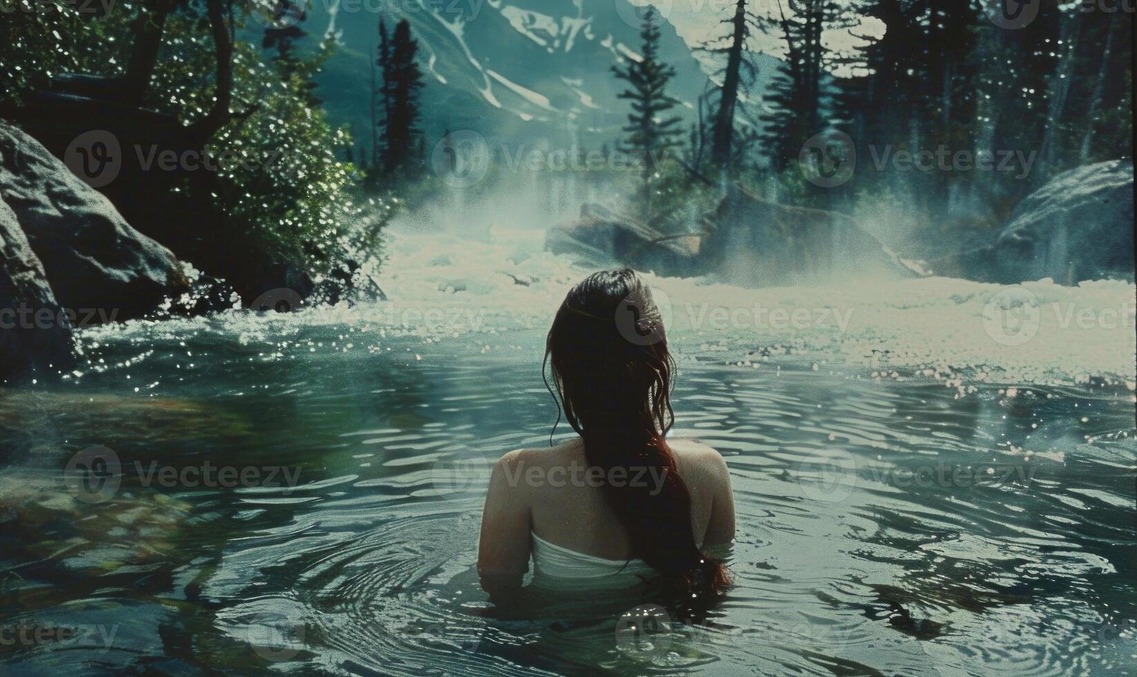 ai généré Jeune femme relaxant dans le l'eau de une Montagne courant dans le forêt photo