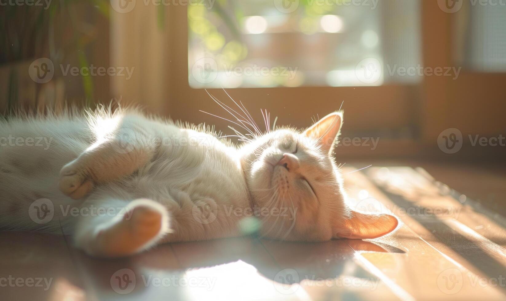 ai généré magnifique blanc chat en train de dormir sur le sol dans le Matin lumière. photo