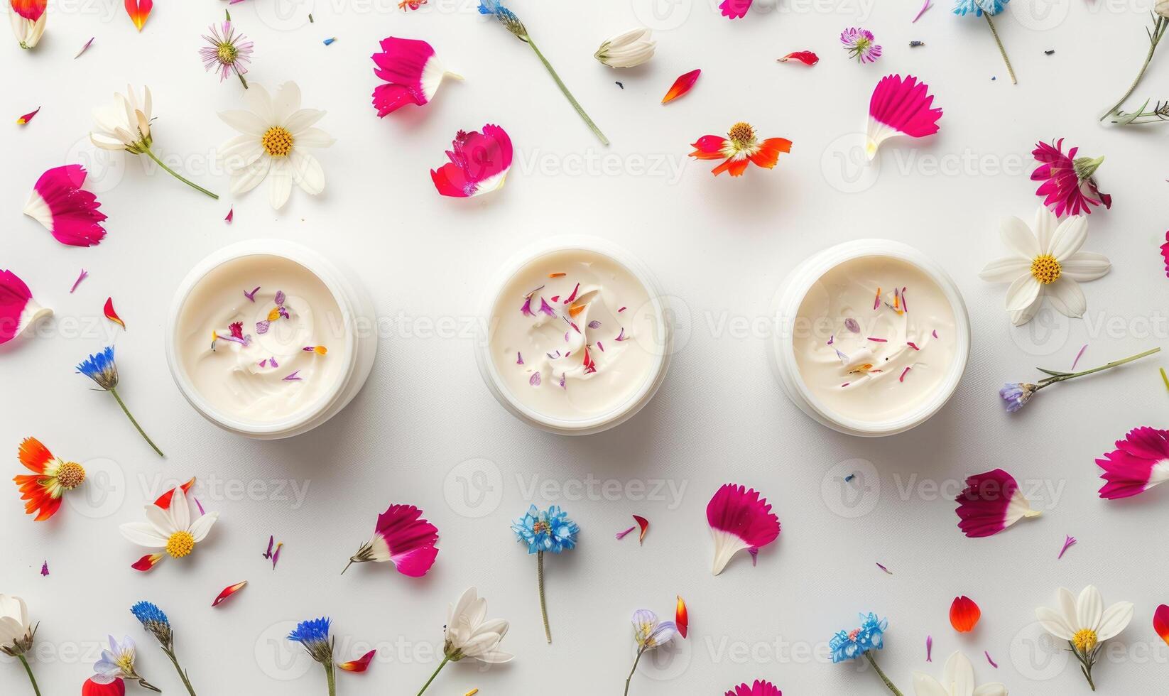 ai généré Trois crème pot Vide maquettes niché au milieu de délicat fleur pétales sur une blanc Contexte photo