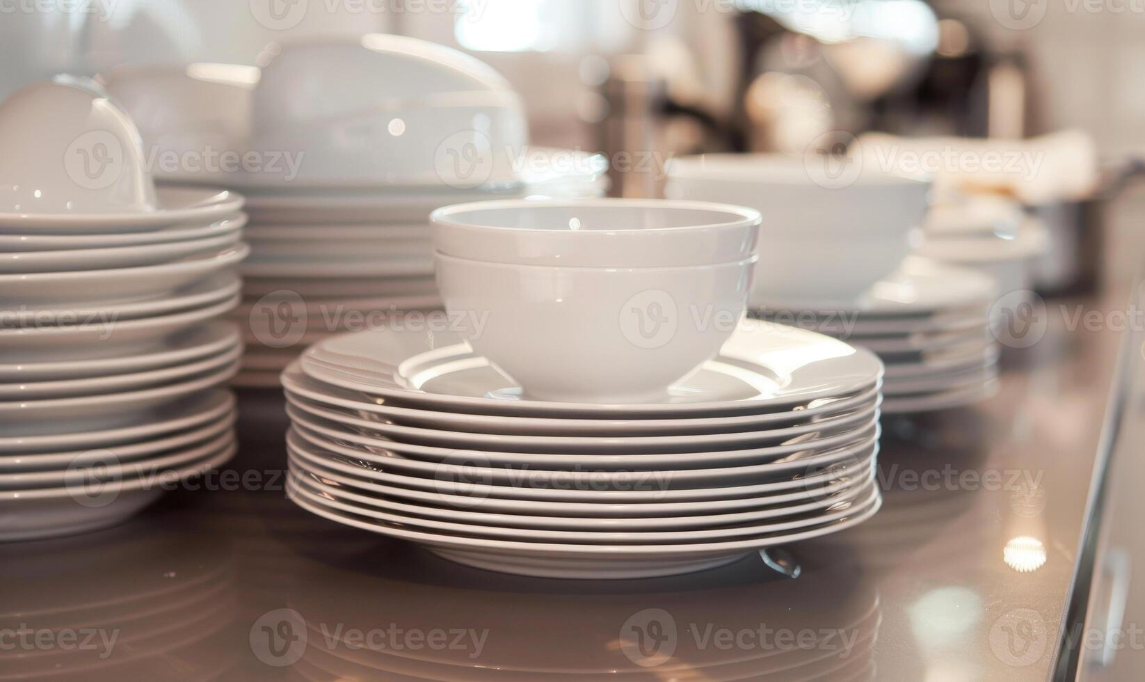 ai généré fermer de blanc porcelaine vaisselle sur une table dans une restaurant photo