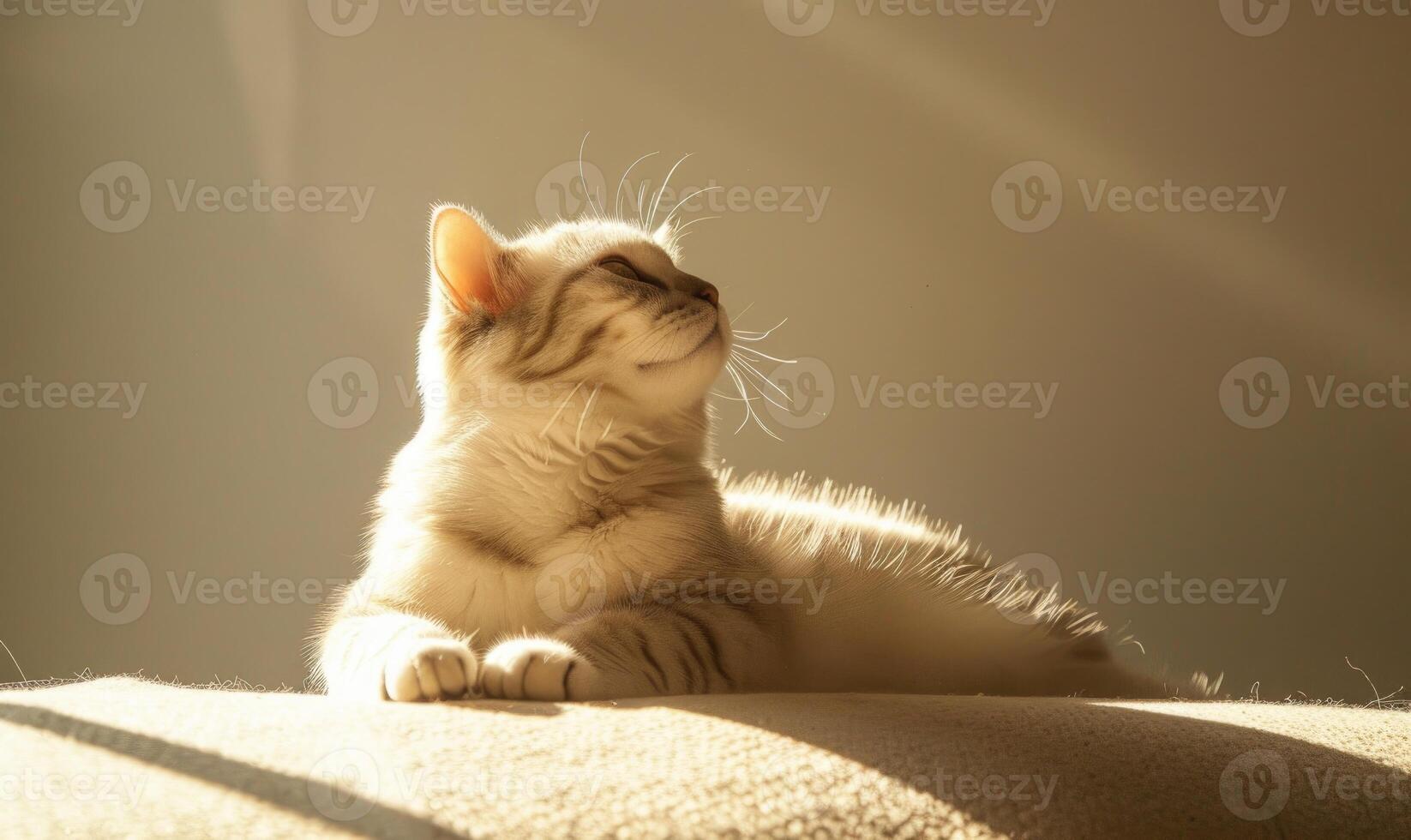 ai généré mignonne chat mensonge sur le canapé. blanc chat dans chaud lumière. photo