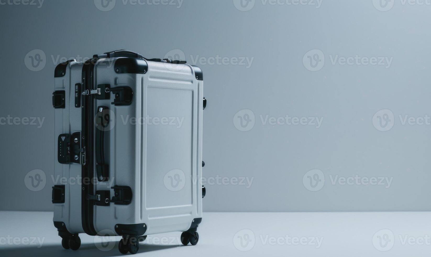 ai généré Voyage valise sur une gris Contexte avec copie espace. photo
