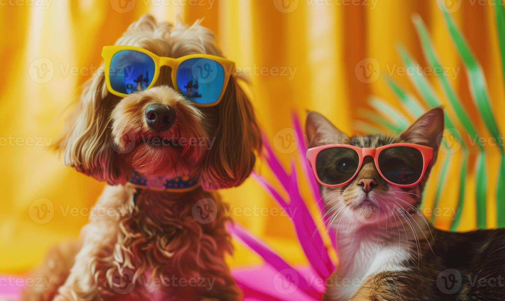 ai généré mignonne chien et chat avec des lunettes de soleil sur coloré Contexte. sélectif se concentrer. photo
