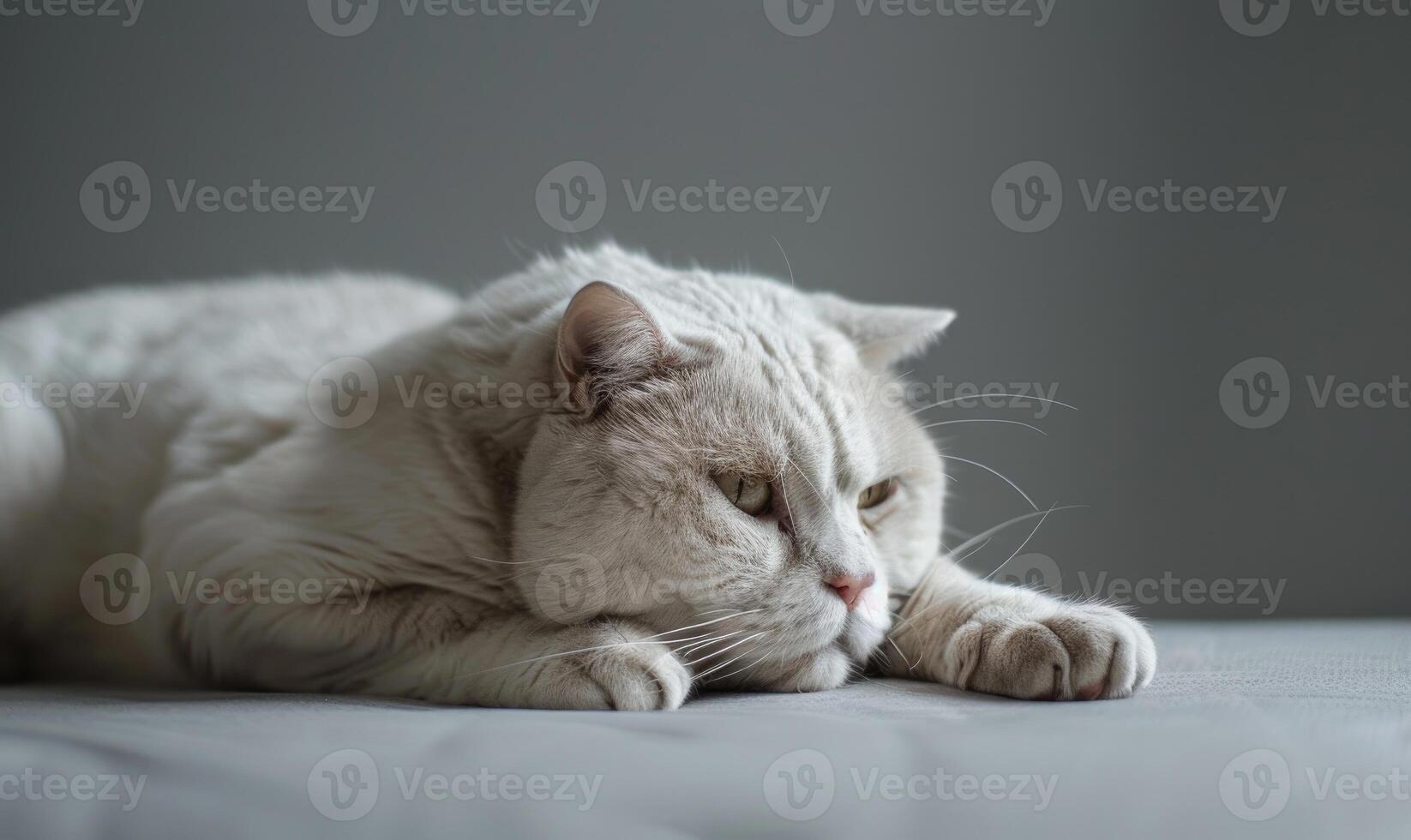 ai généré studio portrait de une royal blanc Écossais plier chat sur une gris arrière-plan, espace pour texte photo