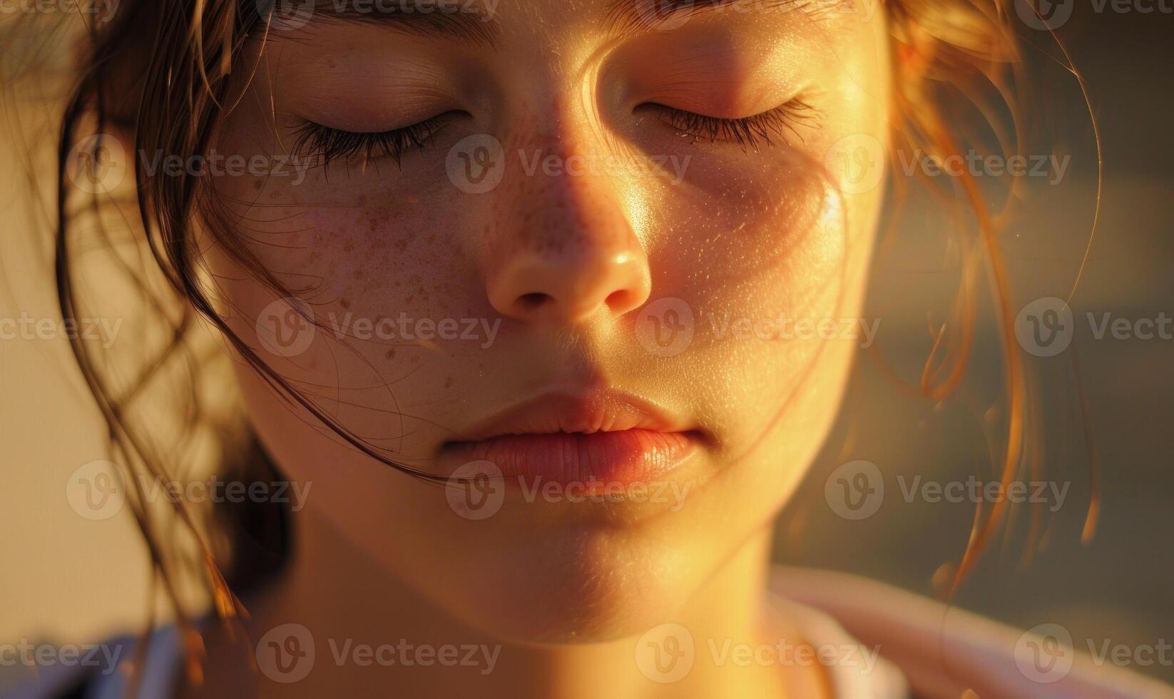 ai généré fermer portrait de une fille avec taches de rousseur sur sa visage photo
