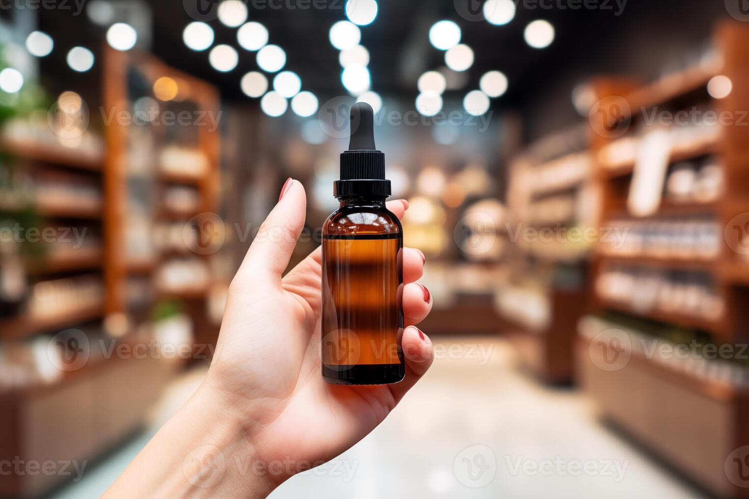 ai généré femme main en portant cosmétique compte-gouttes bouteille sur cosmétique boutique Contexte photo