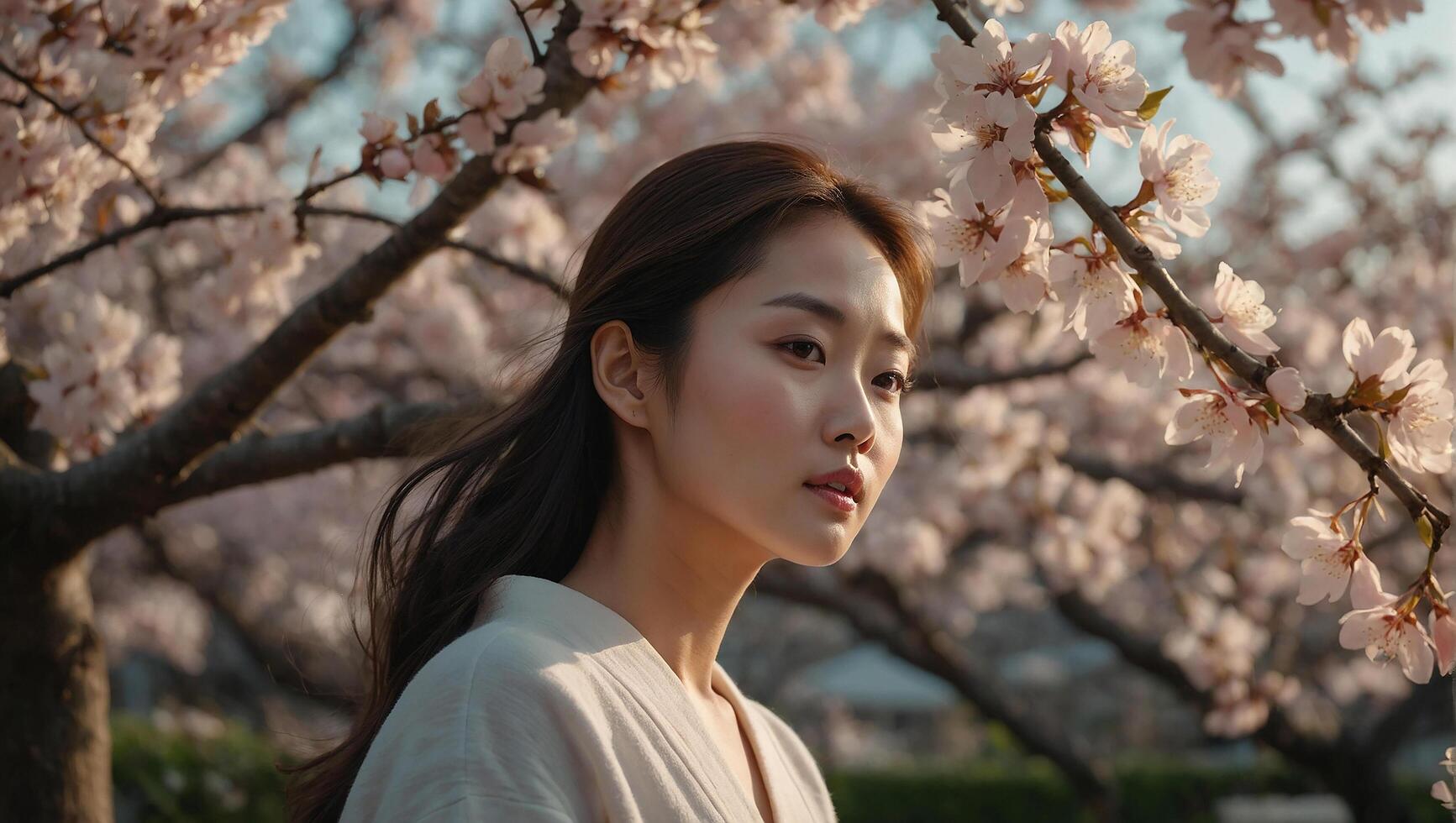 ai généré Extérieur magnifique mode Jeune coréen fille avec fleur Cerise fleur Contexte photo